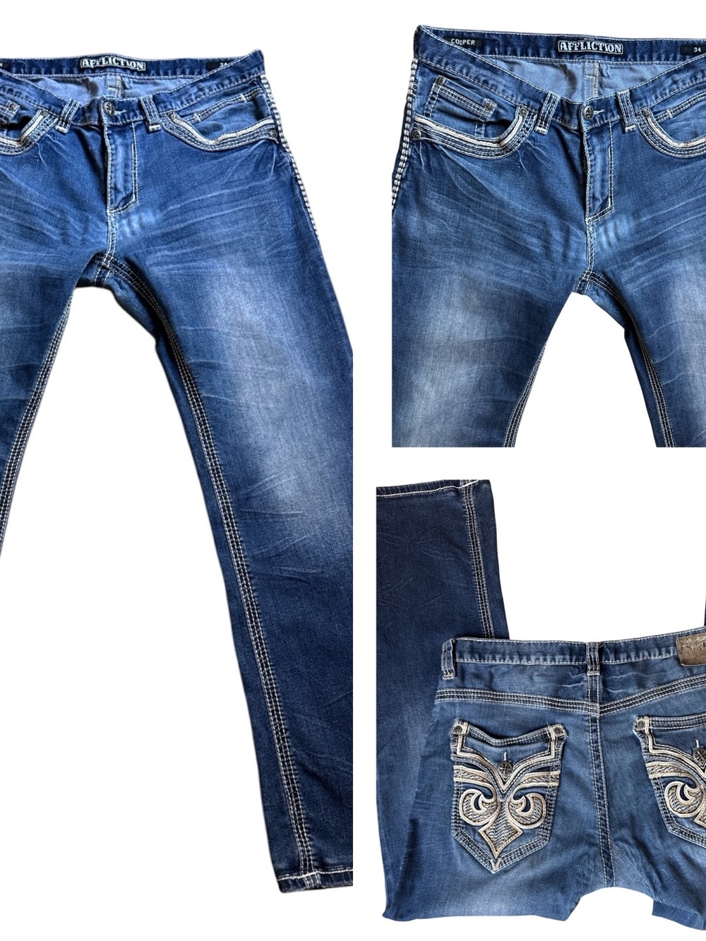 Affliction Cooper Jeans Size 34 Reinforced Seat Distressed Premium Denim